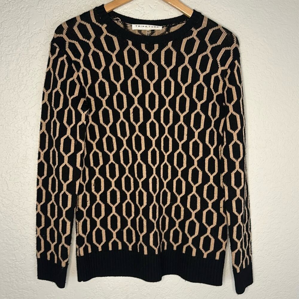 Trina Turk Merino Wool Y2K Sweater Womens XS Oversized Black Tan Geo